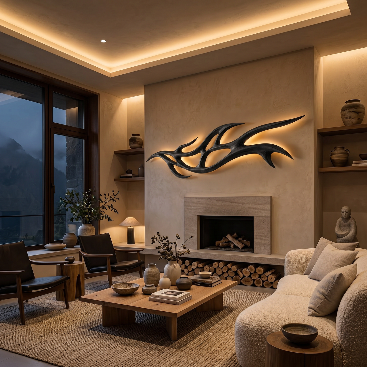 Organic Carved Wood LED Wall Sculpture Branch Design For Above Bed Decor