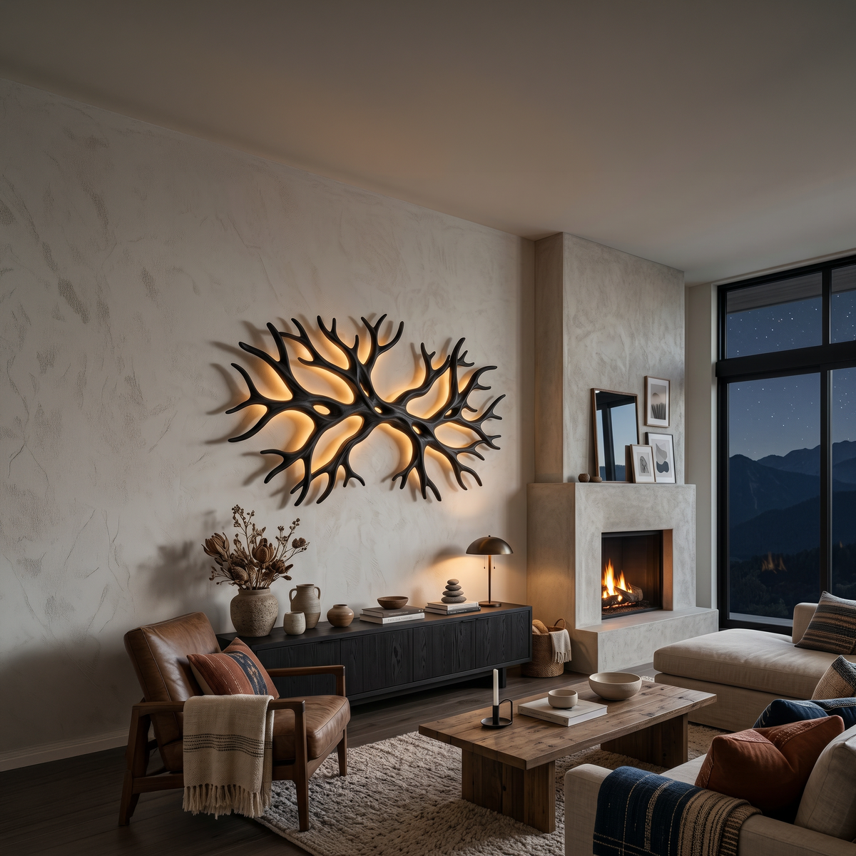 Organic Wooden LED Wall Sculpture With Branch Shape For Rustic Bedroom