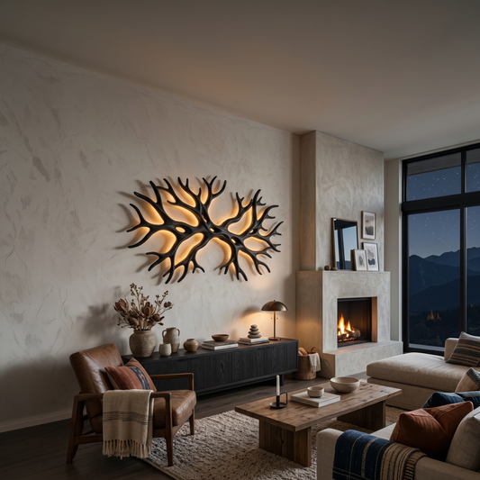 Organic Wooden LED Wall Sculpture With Branch Shape For Rustic Bedroom