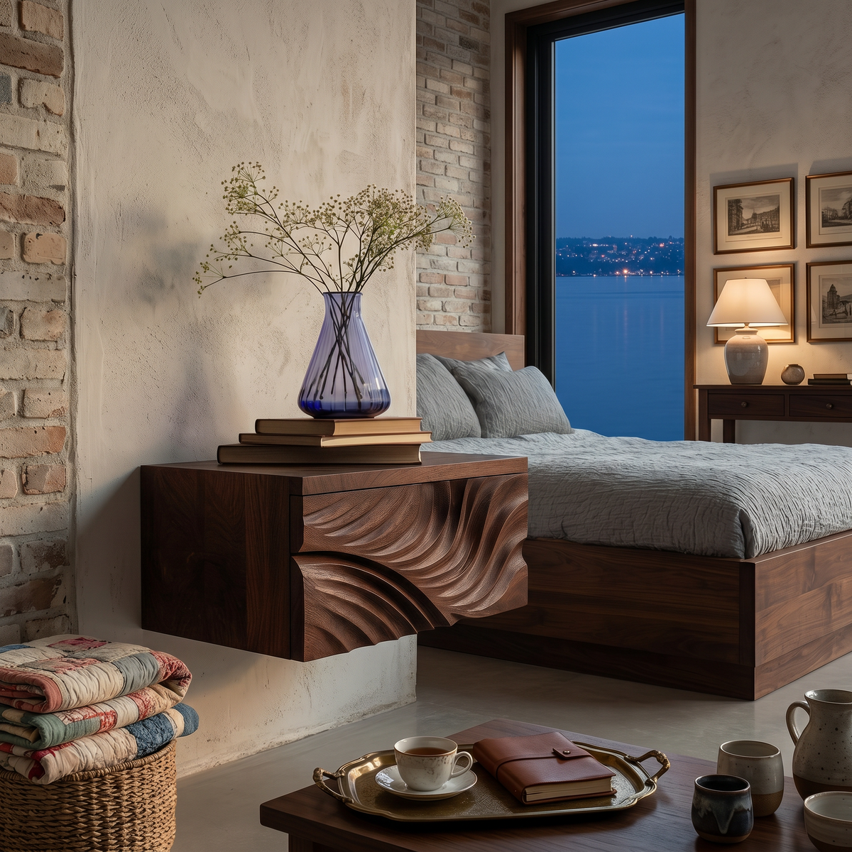 Elegant Wooden Floating Nightstand With Carved Front For Bedroom