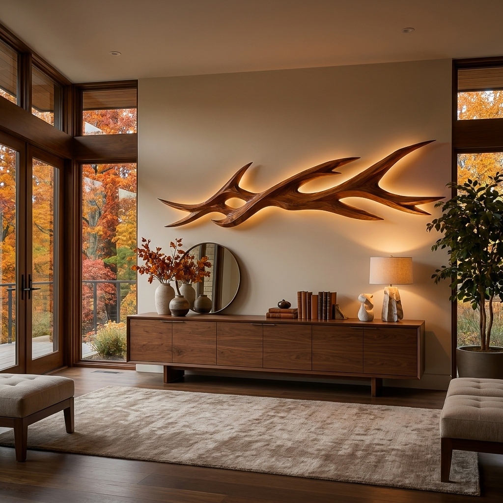 Rustic Wooden LED Wall Sculpture With Branch Form For Bedroom