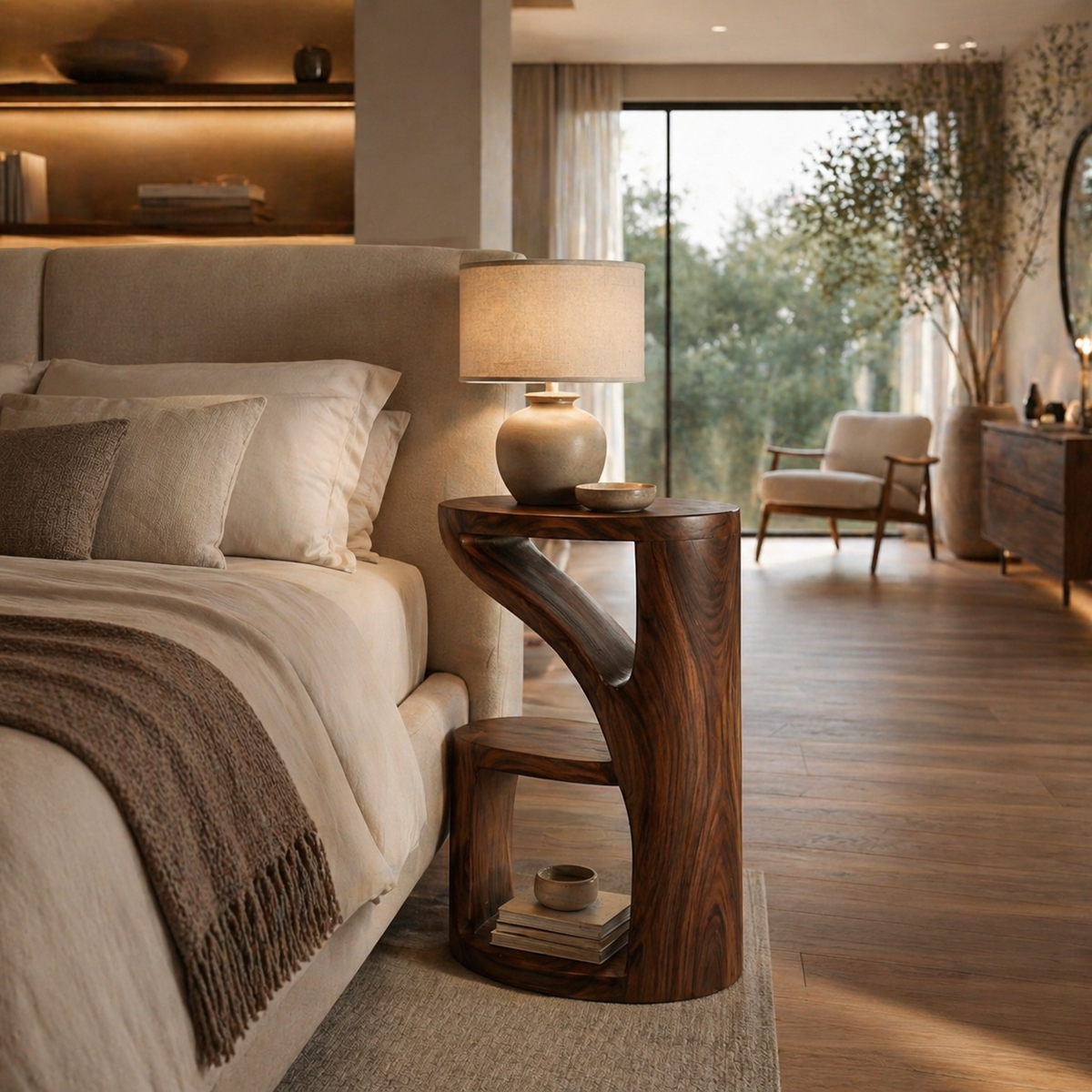Elegant Wooden Nightstand With Sculptural Two Level For Bedroom