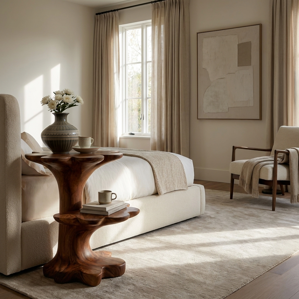Artistic Wooden Two Tier Nightstand Sculptural Base For Bedroom