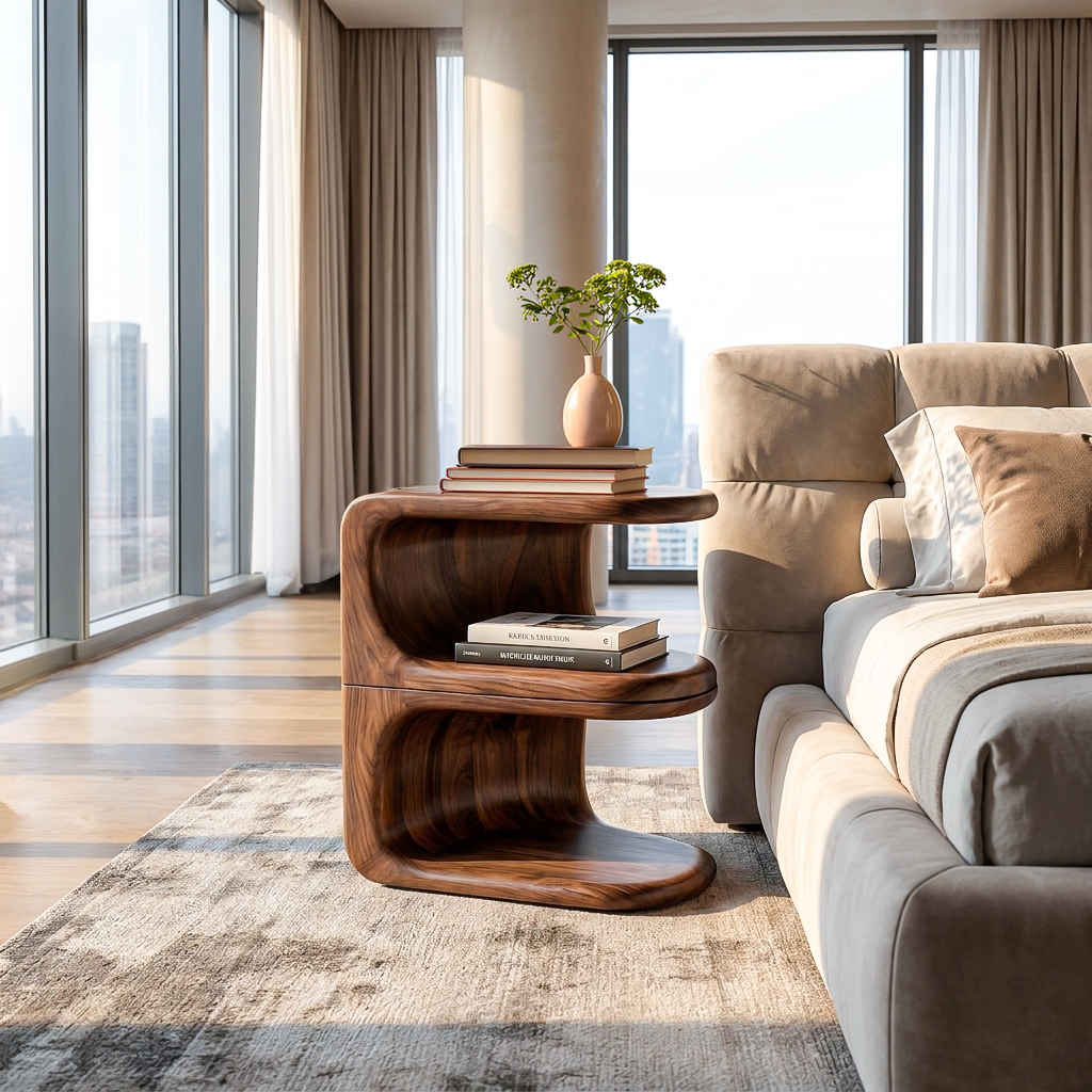 Organic Wooden Nightstand With Unique E-shape For Bedroom
