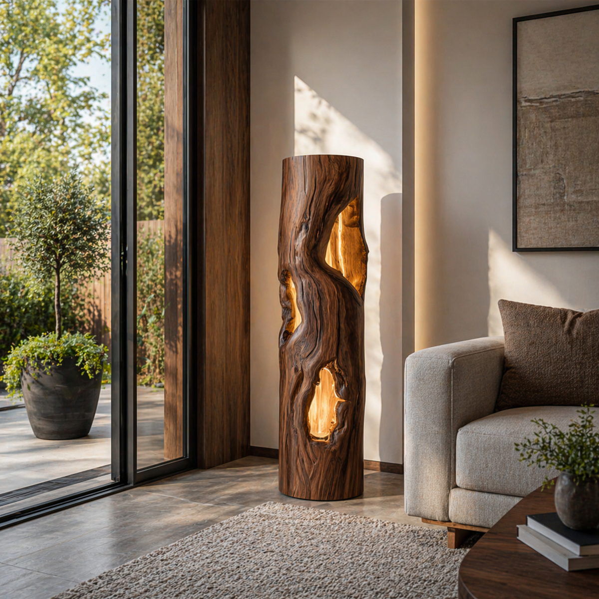 Handcrafted Wooden Floor Lamp With Multi Hollow For Home Decor