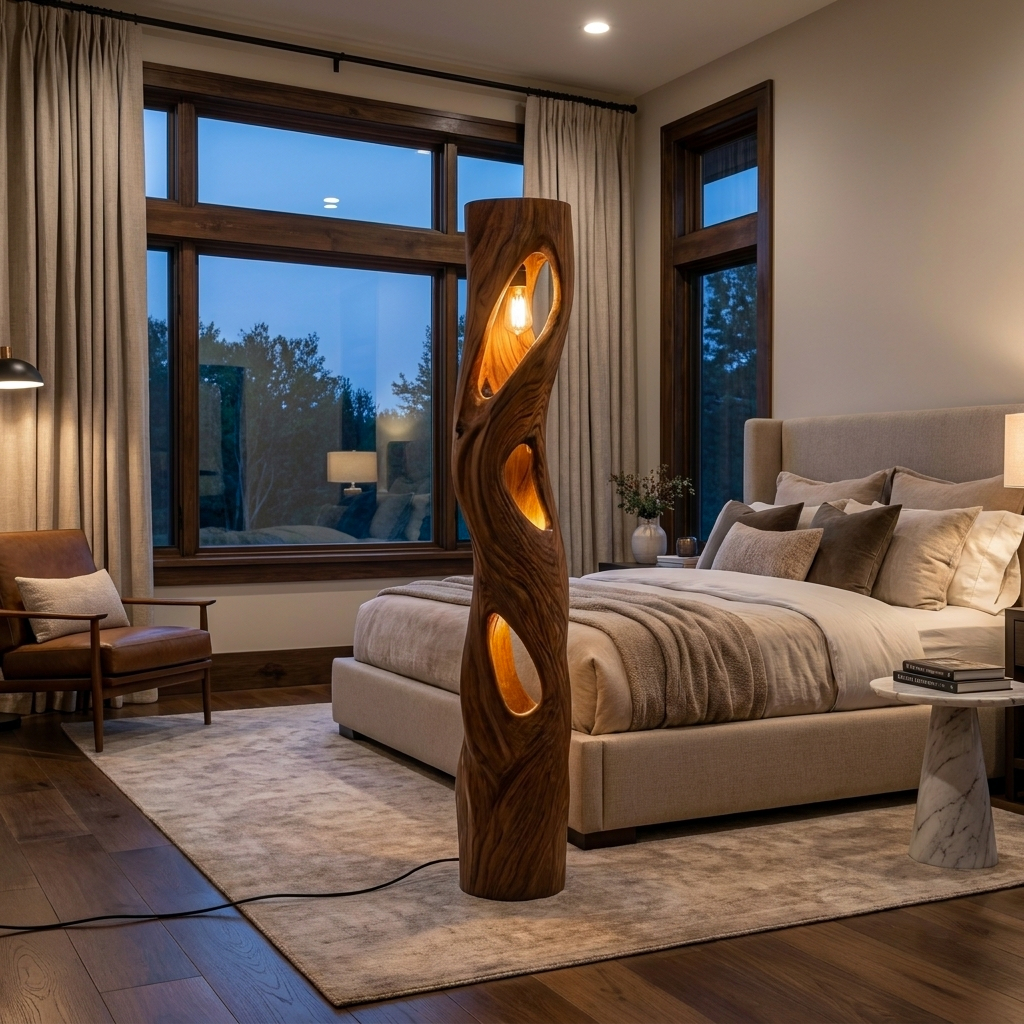 Rustic Sculptural Wooden Floor Lamp For Home Decor