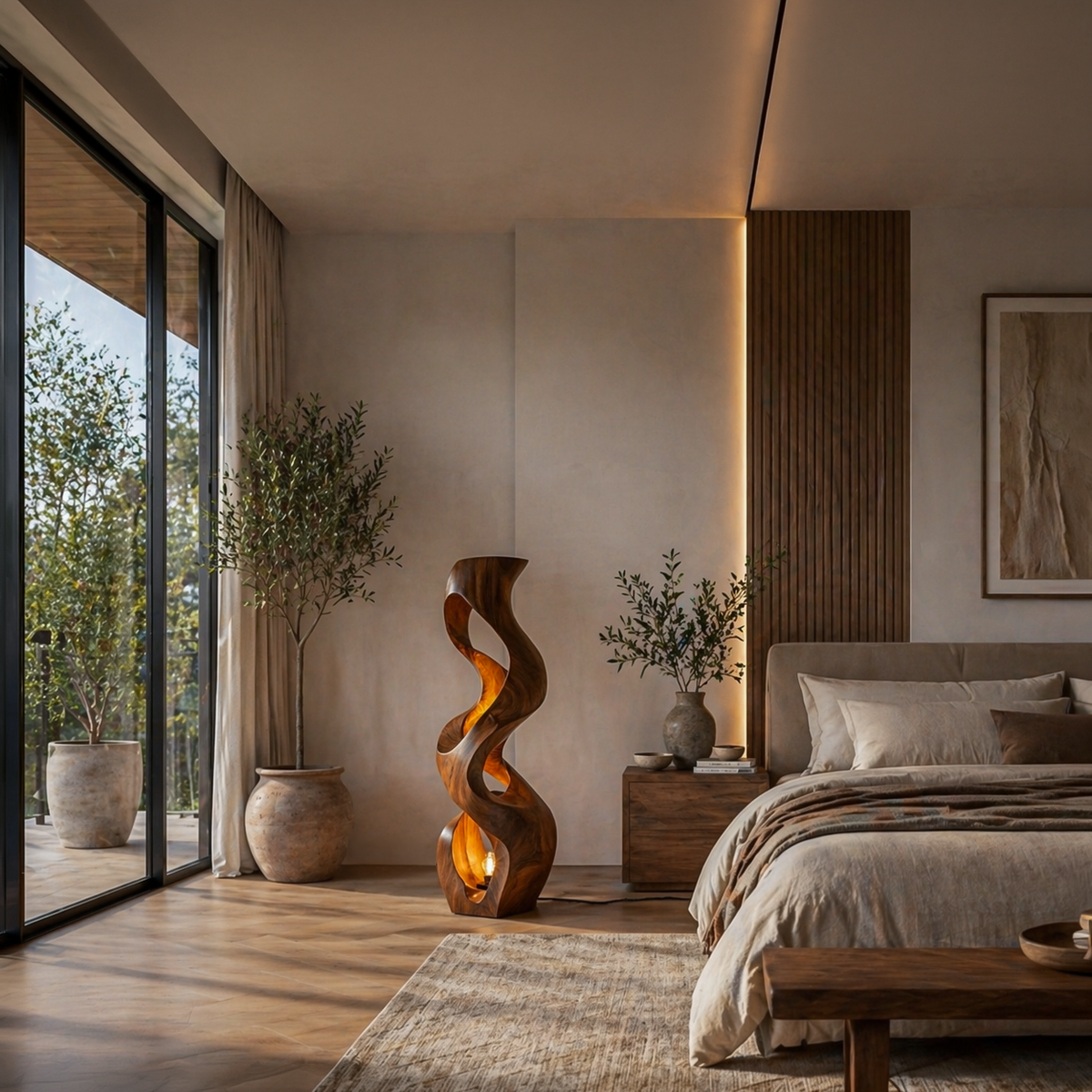Artistic Wooden Floor Lamp With Flowing Form For Bedroom