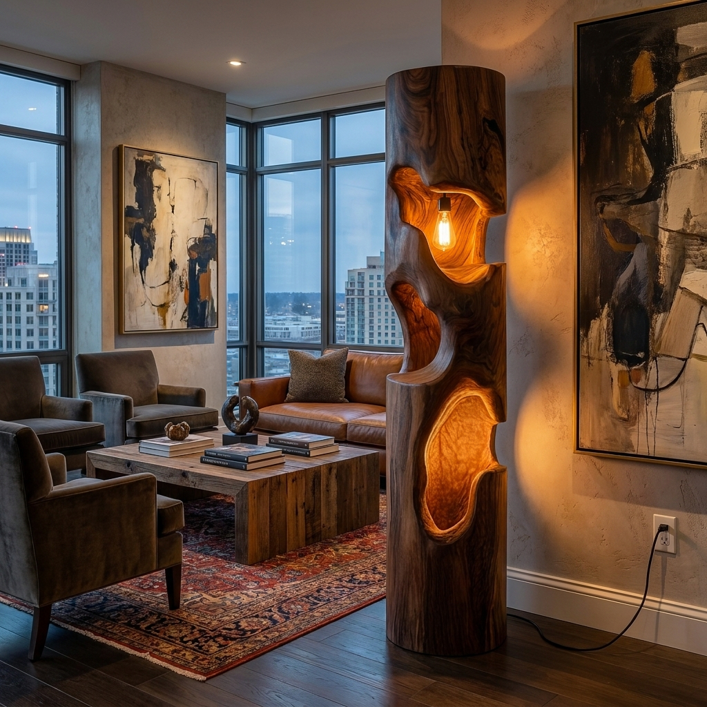 Rustic Wooden Floor Lamp With Sculptural Hollow For Cozy Bedroom