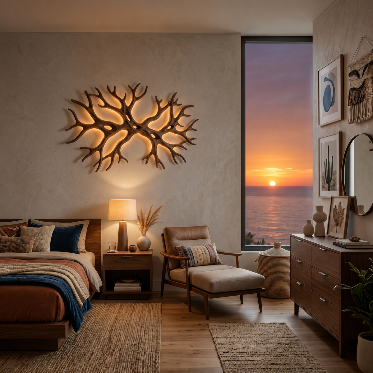 Organic Wooden LED Wall Sculpture With Branch Shape For Rustic Bedroom