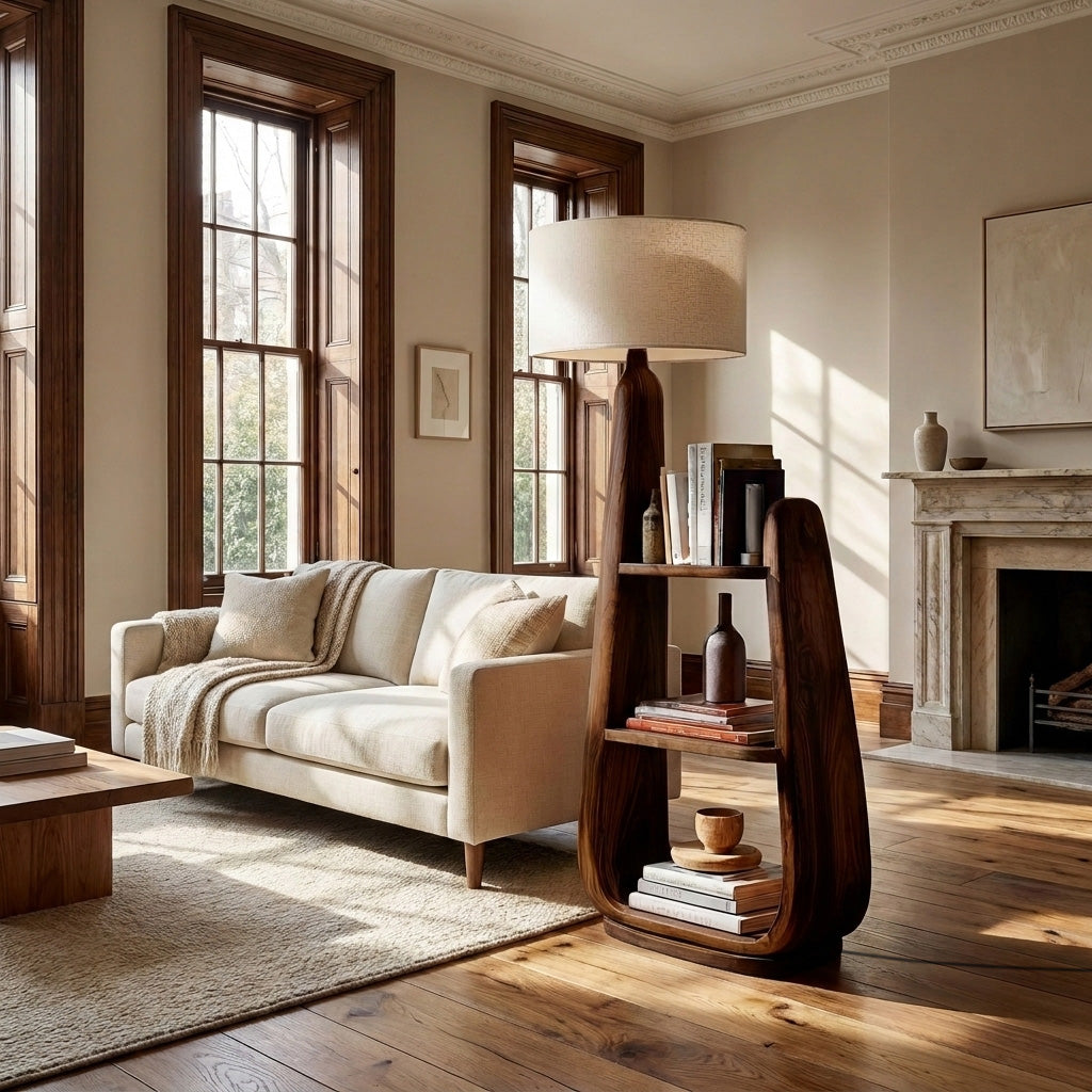 Mid Century Floor Lamp With Unique Integrated Shelving For Interior