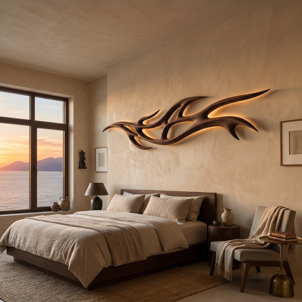 Organic Carved Wood LED Wall Sculpture Branch Design For Above Bed Decor