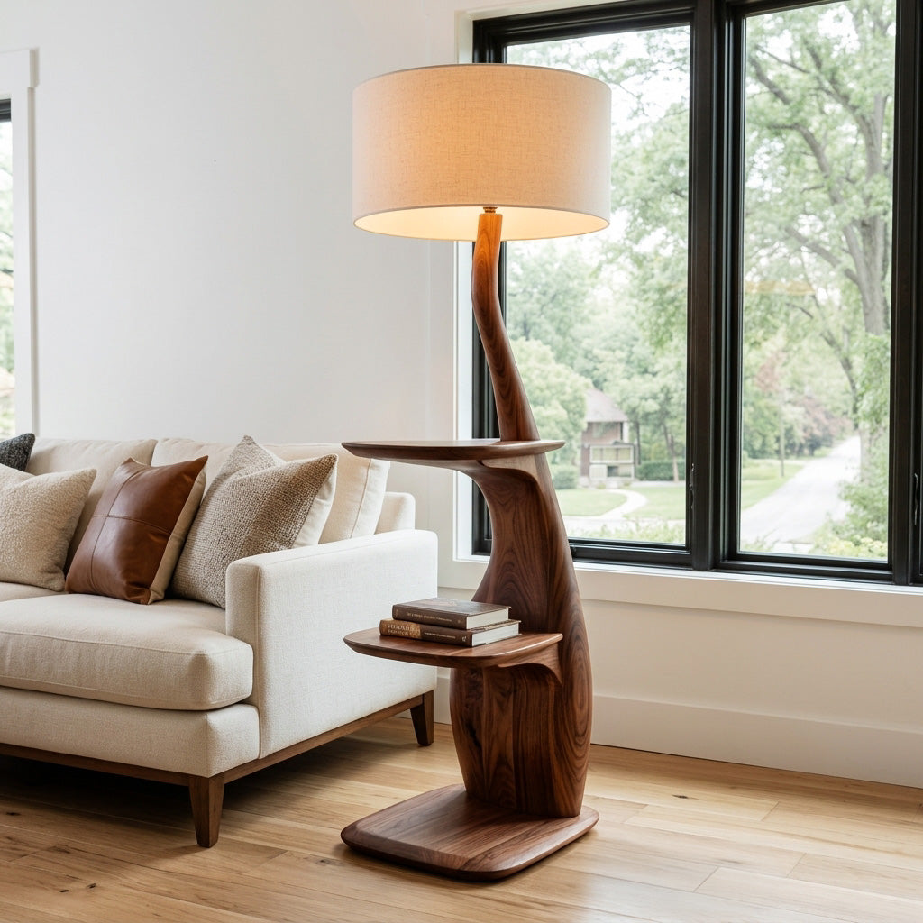 Modern Natural Wood Floor Lamp With Shelves For Living Room