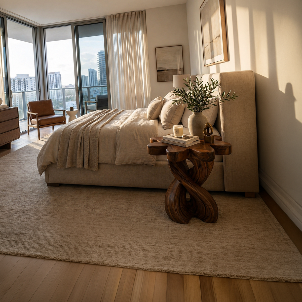 Wooden Nightstand With Twisted Base And Flower-shaped Tabletop For Bedroom