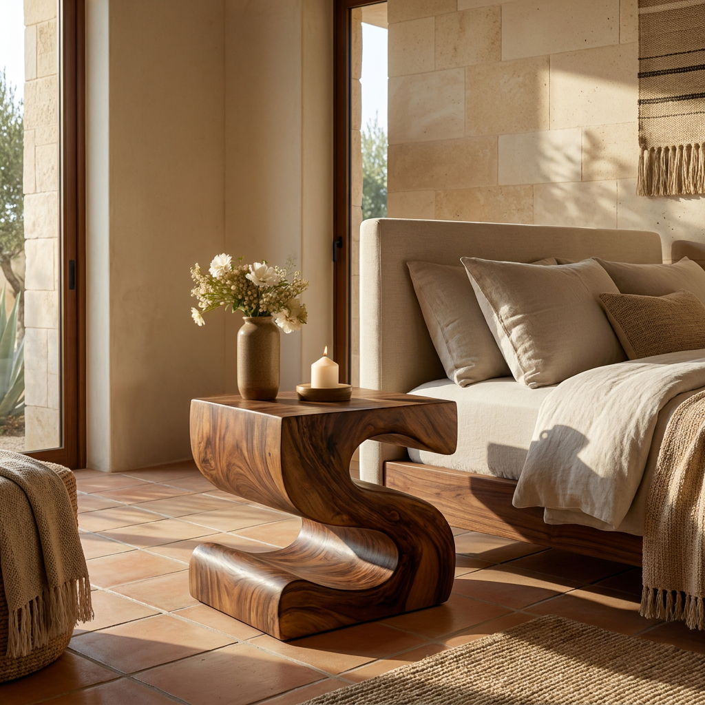 Modern Sculptural Wood Nightstand With S Shaped For Bedroom
