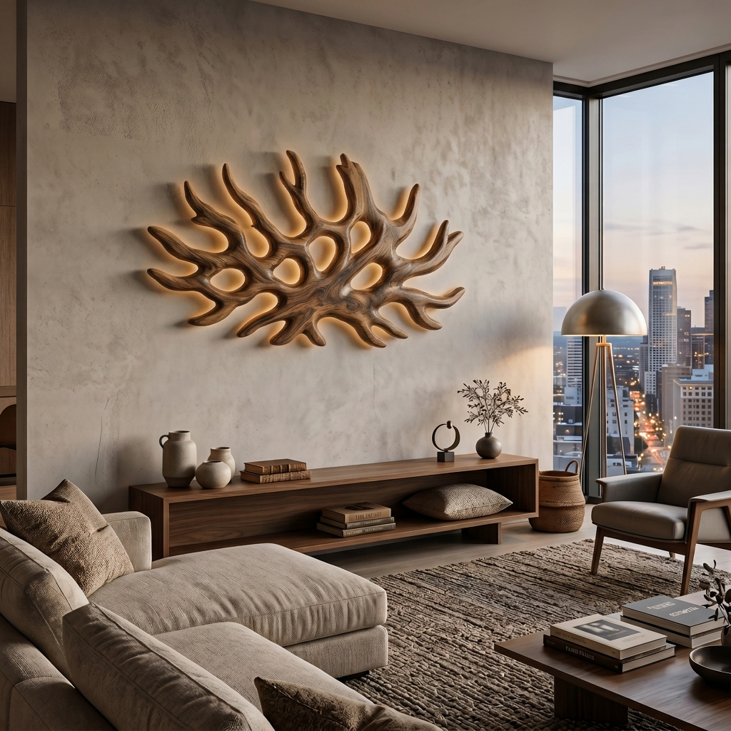 Organic Root Shape Wood LED Wall Sculpture For Rustic Home Decor