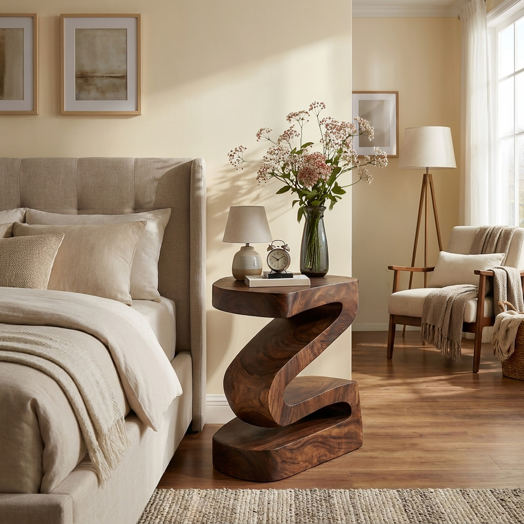 Elegant Natural Wood Nightstand With Curved Form For Bedroom