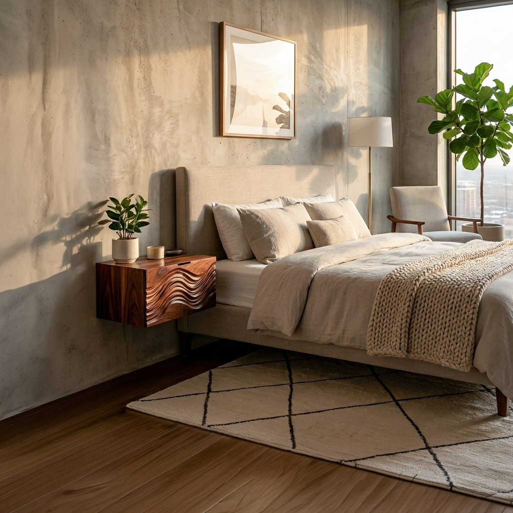 Modern Wooden Floating Nightstand With Wave Carved Front For Bedroom