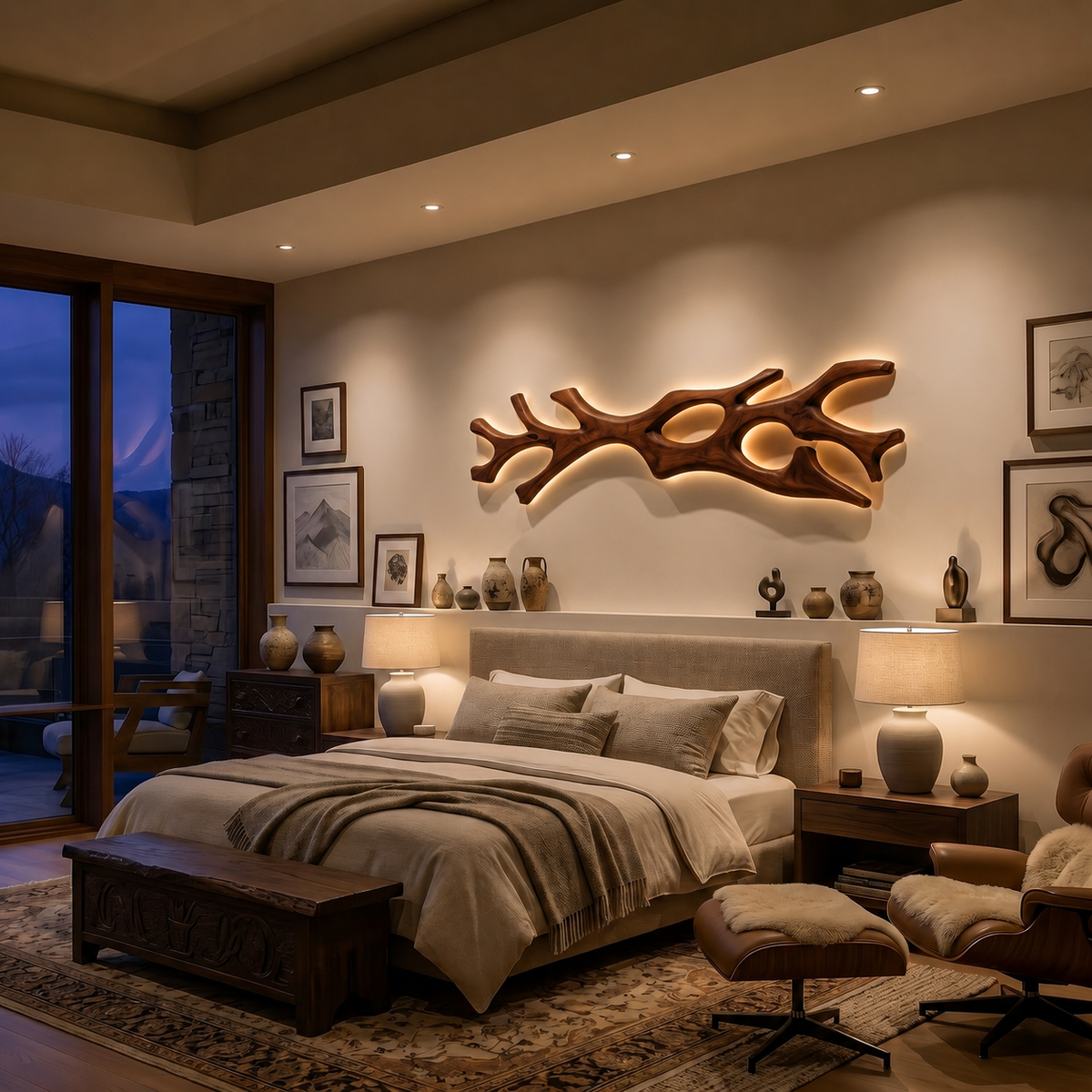 Wooden LED Wall Sculpture Flowing Organic Root Design For Above Bed Decor