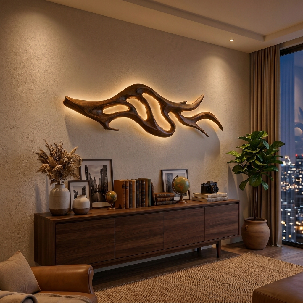 Artistic Wood LED Wall Sculpture With Sculptural Form For Bedroom