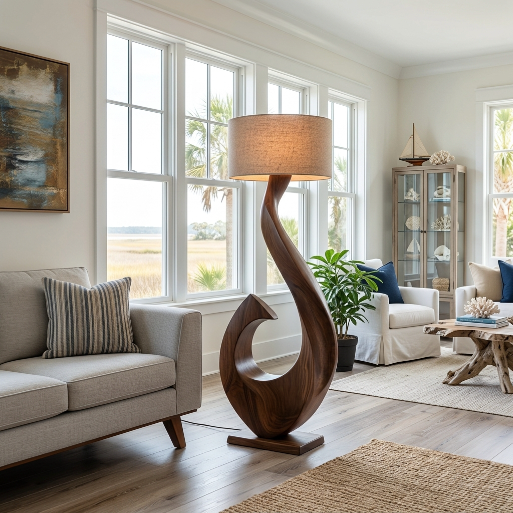 Contemporary Wooden Floor Lamp Curved Shape For Lounge Area