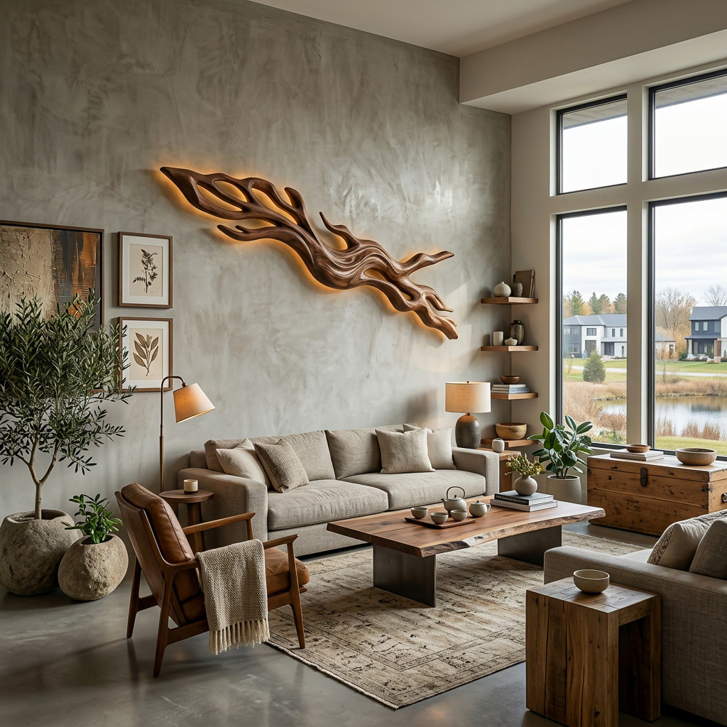 Rustic Wood LED Wall Sculpture With Undulating Shape For Bedroom Decor