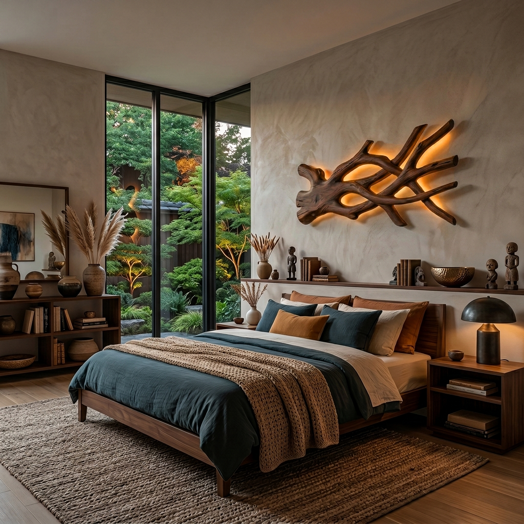 Rustic Sculptural Wood LED Wall Sculpture For Bedroom Interior