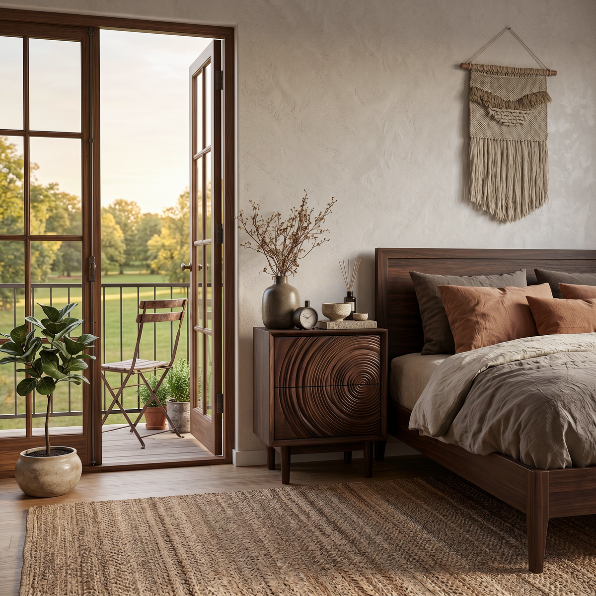 Minimalist Wooden Nightstand With Sculptural Door For Modern Bedroom