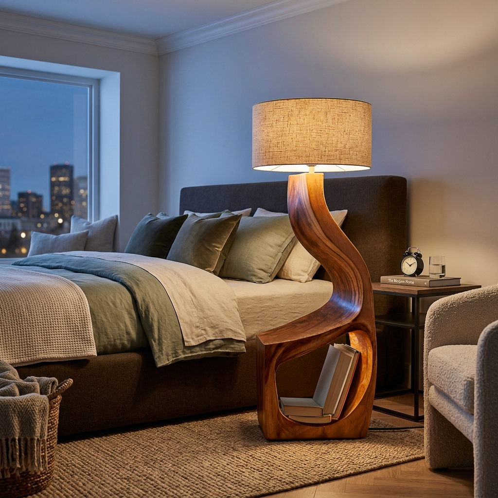 Artistic Natural Wood Standing Lamp With Shelf For Home Library