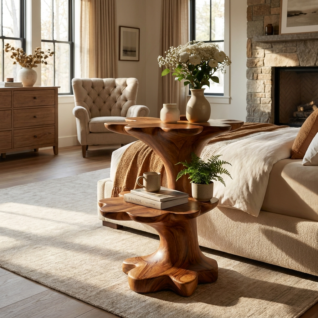 Artistic Wooden Two Tier Nightstand Sculptural Base For Bedroom