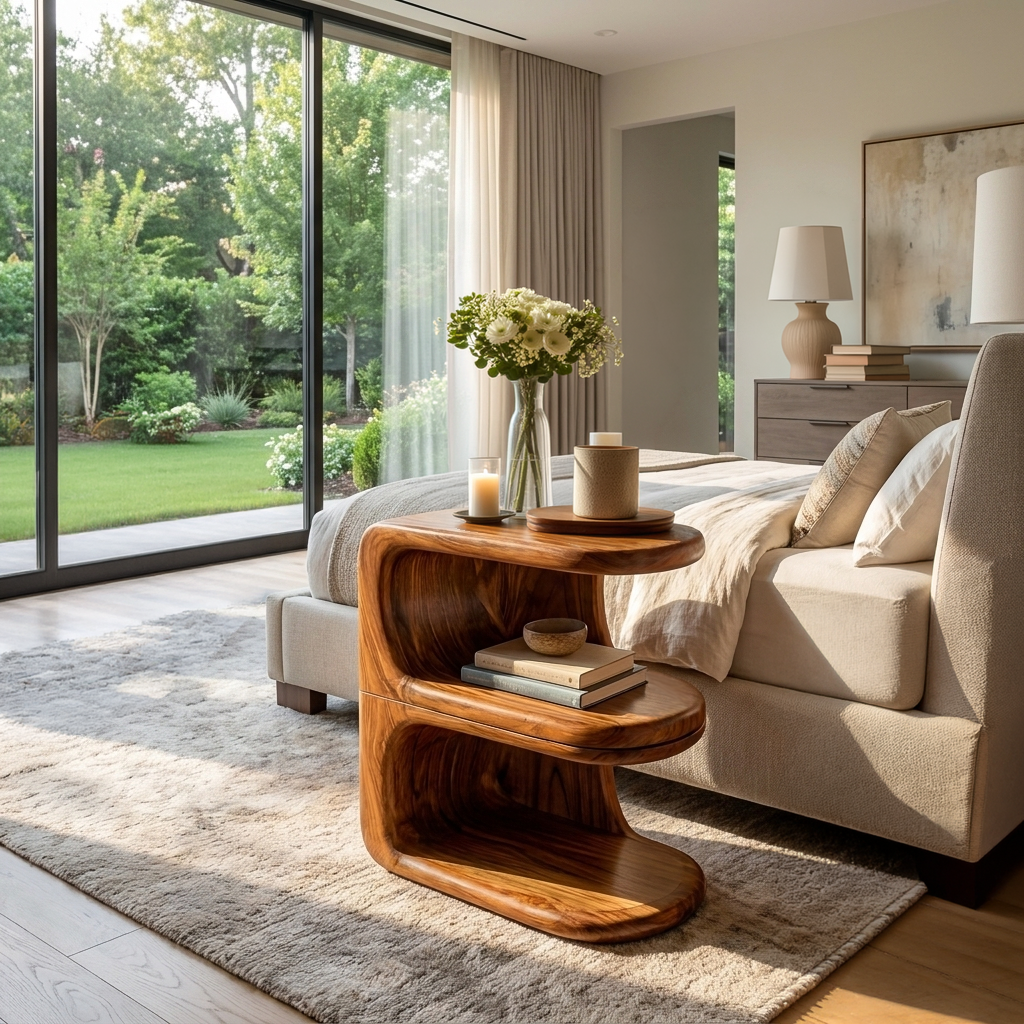 Organic Wooden Nightstand With Unique E-shape For Bedroom