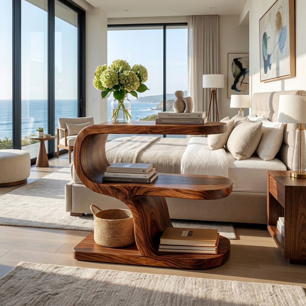 Wooden Nightstand With Sculptural Tier For Cozy Bedroom