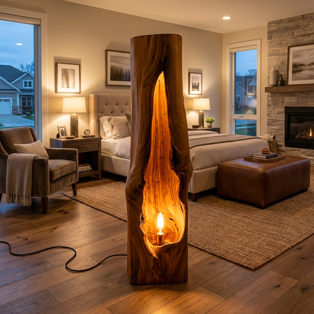Rustic Wooden Floor Lamp Sculptural Design For Cozy Bedroom