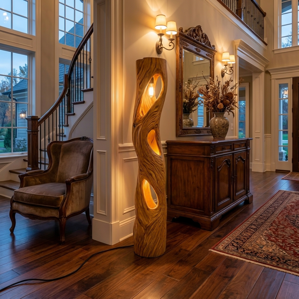 Rustic Sculptural Wooden Floor Lamp For Home Decor