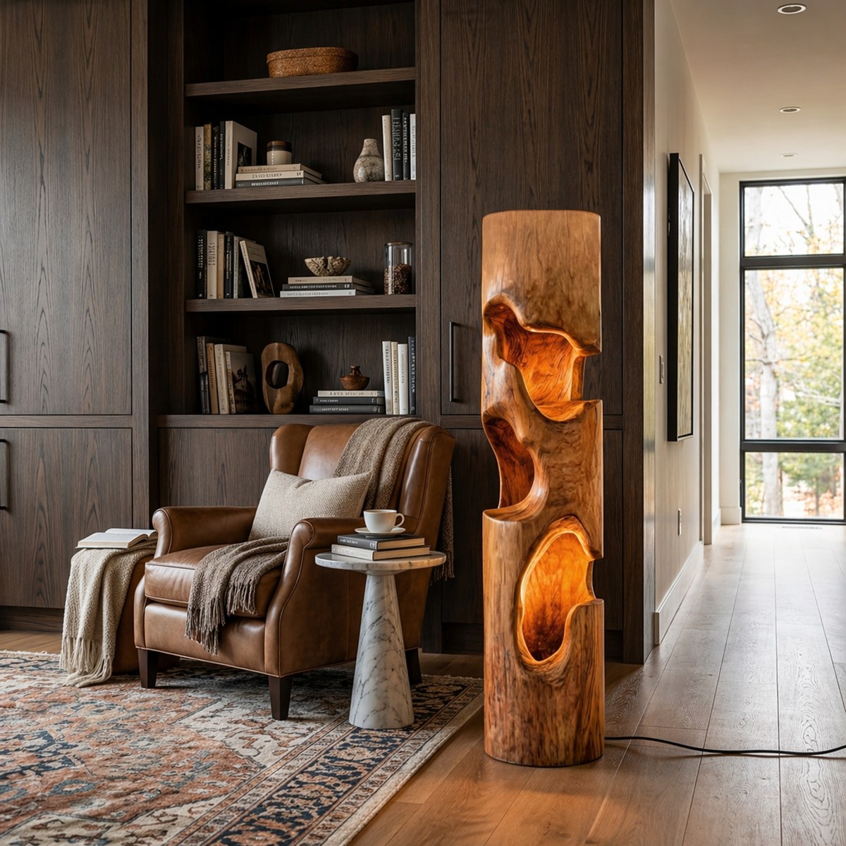Rustic Wooden Floor Lamp With Sculptural Hollow For Cozy Bedroom