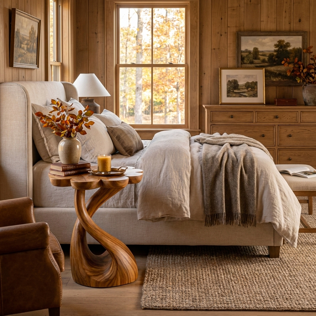 Handcrafted Wooden Nightstand With Floral-shaped Tabletop For Bedroom