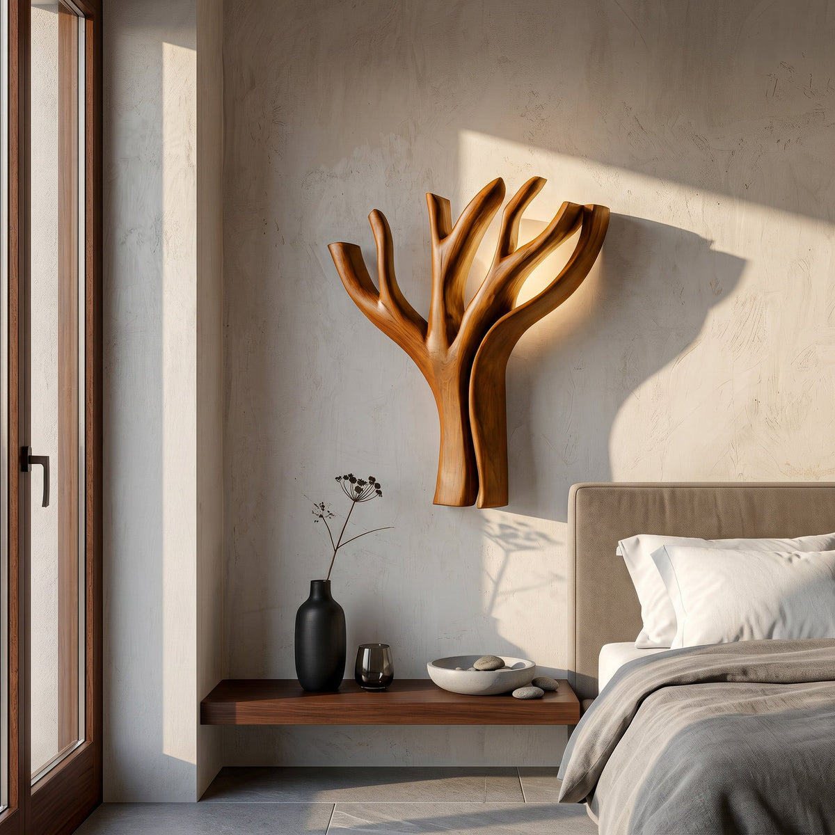 Modern Sculptural Wooden Lamp For Elegant Bedroom Interior