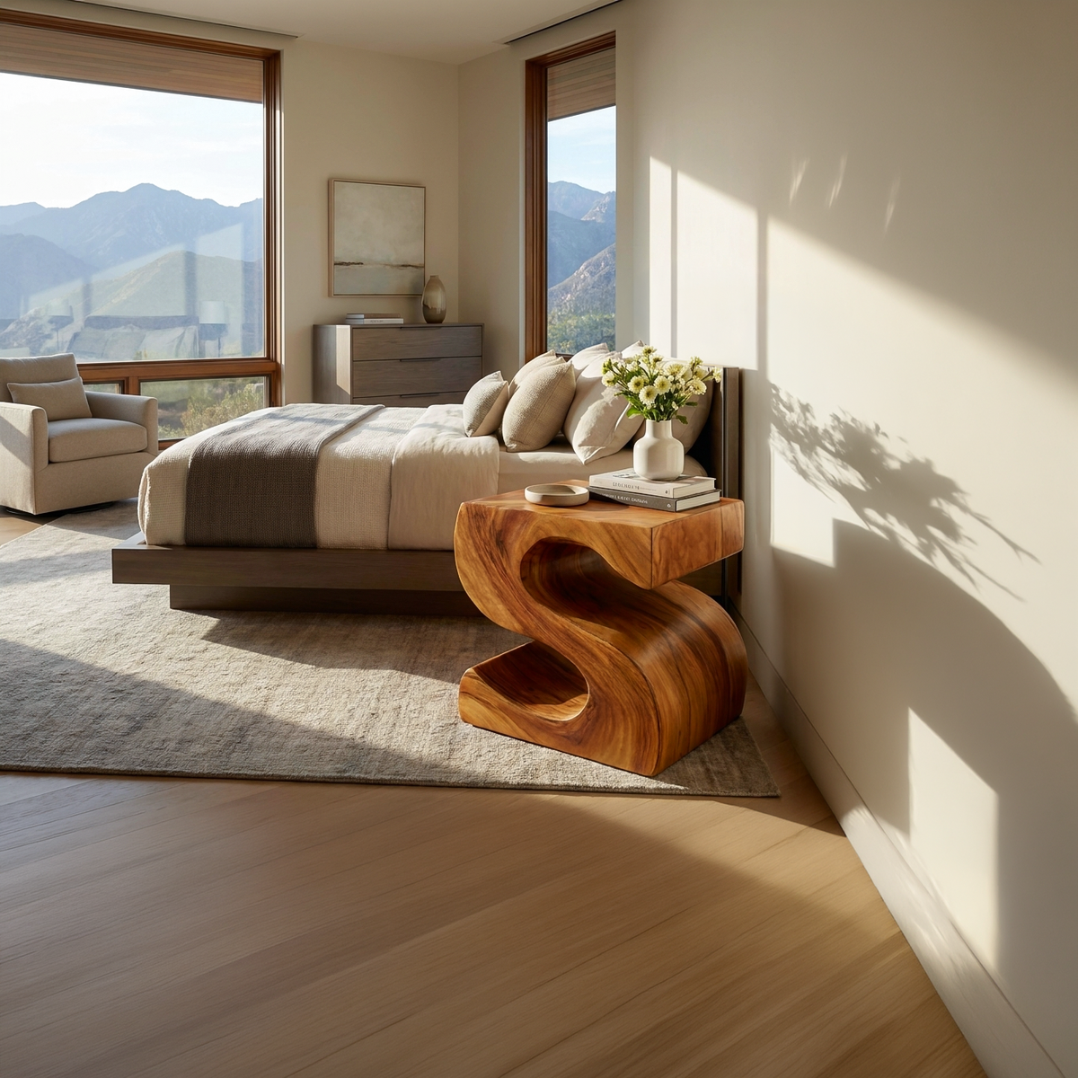 Modern Sculptural Wood Nightstand With S Shaped For Bedroom