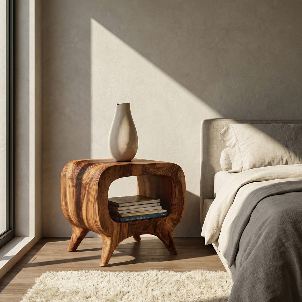 Modern Wood Nightstand With Rounded Edges For Bedroom