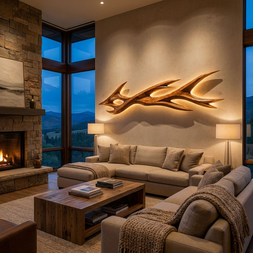 Rustic Wooden LED Wall Sculpture With Branch Form For Bedroom