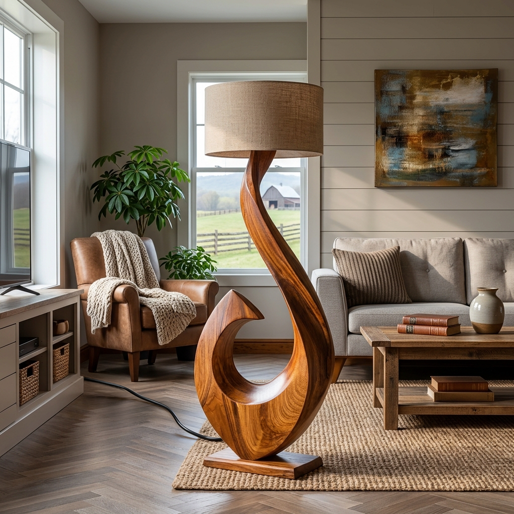 Contemporary Wooden Floor Lamp Curved Shape For Lounge Area