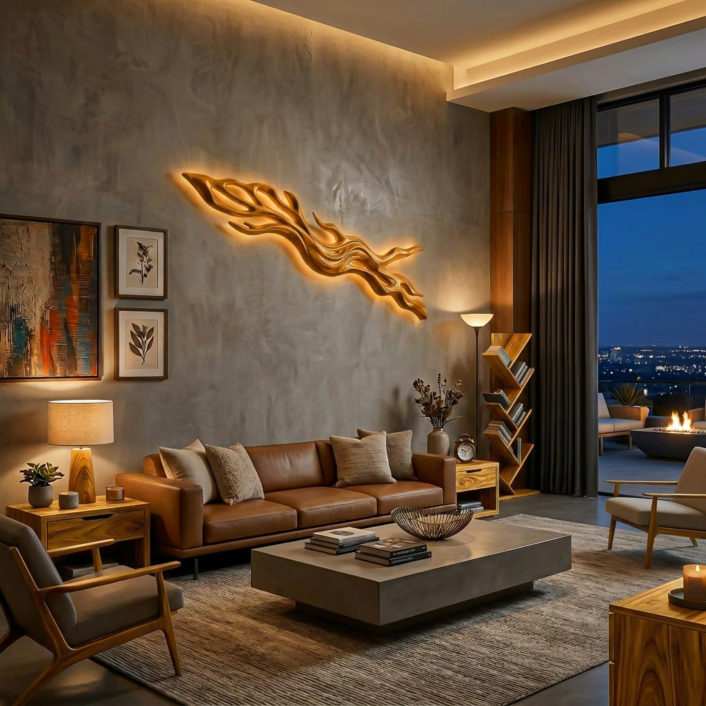 Rustic Wood LED Wall Sculpture With Undulating Shape For Bedroom Decor