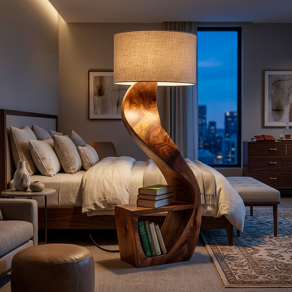 Organic Wood Floor Lamp With Storage Shelf For Bedroom