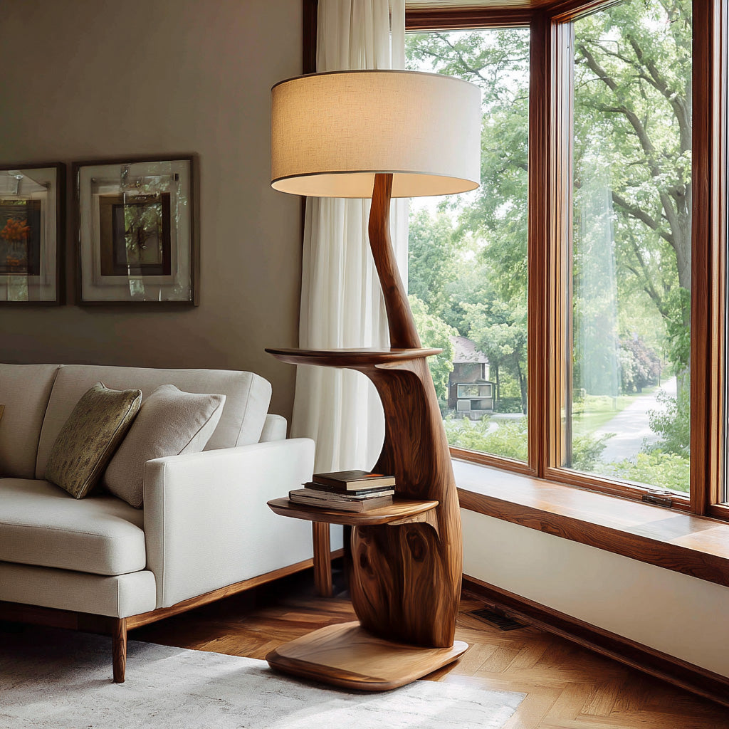 Modern Natural Wood Floor Lamp With Shelves For Living Room