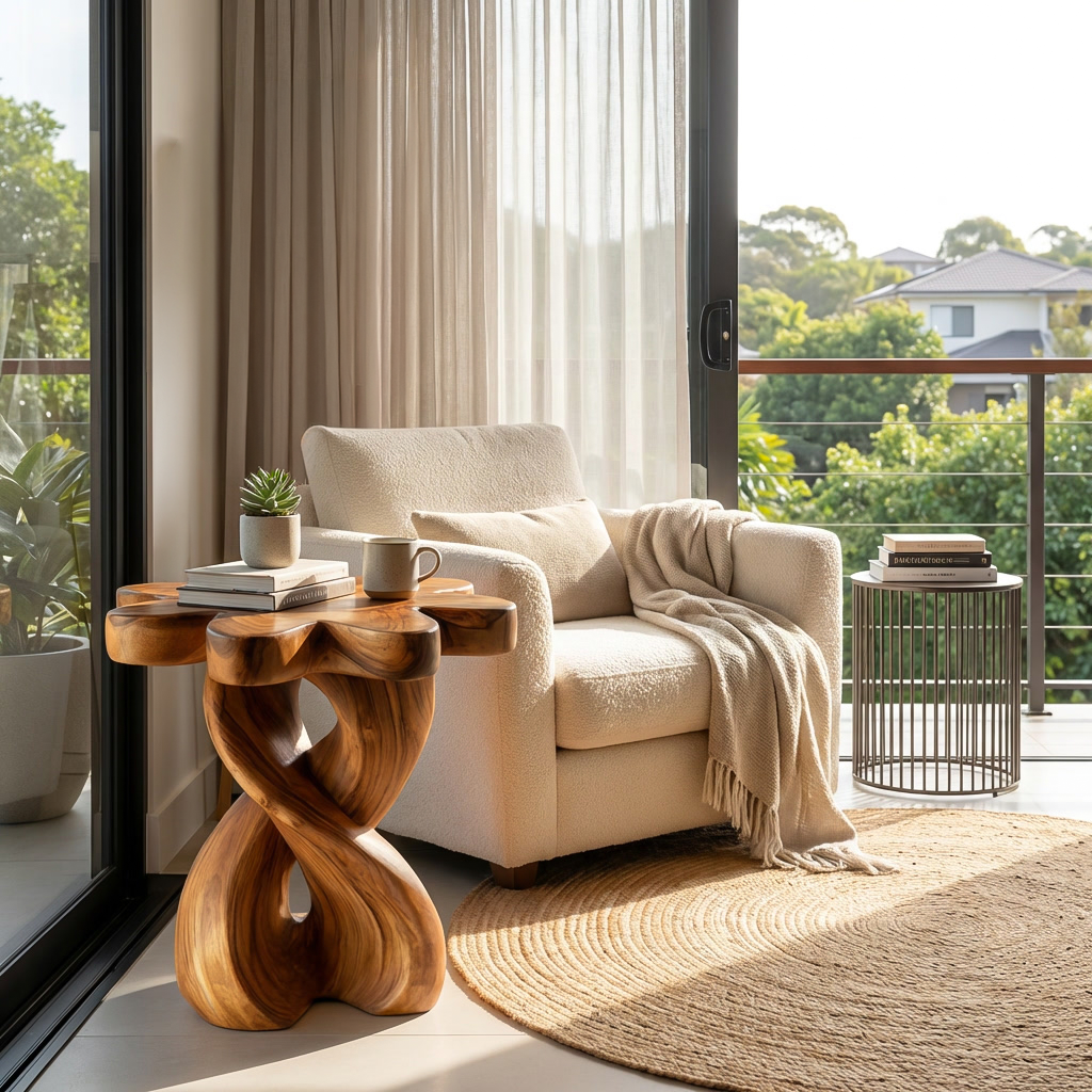 Wooden Nightstand With Twisted Base And Flower-shaped Tabletop For Bedroom