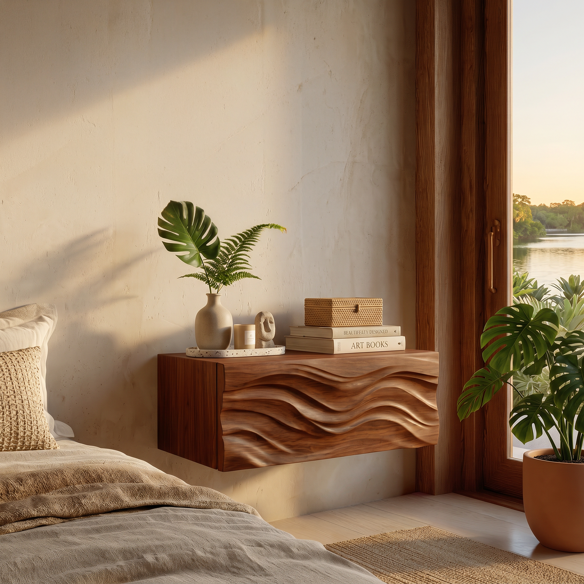 Contemporary Wooden Wall Mounted Nightstand For Bedroom Storage