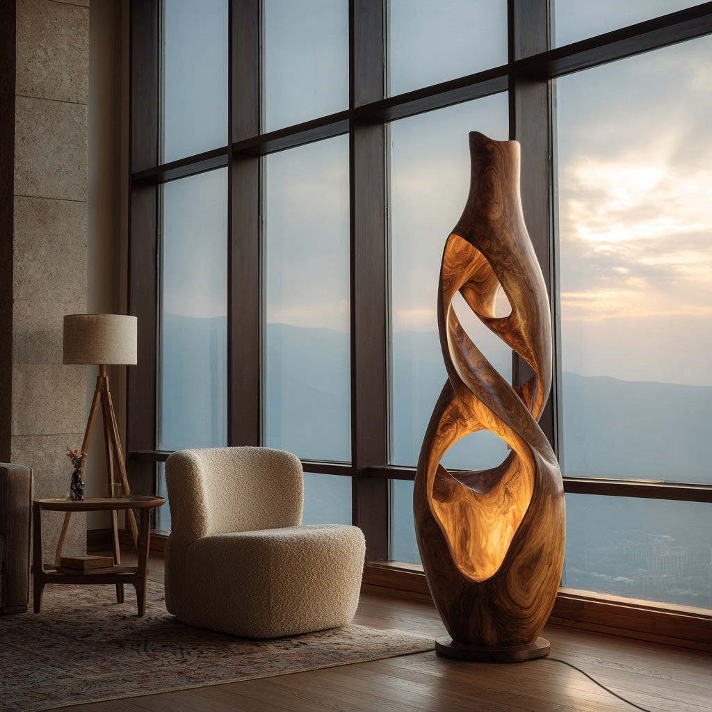 Minimalist Carved Wooden Floor Lamp For Corner Living Room