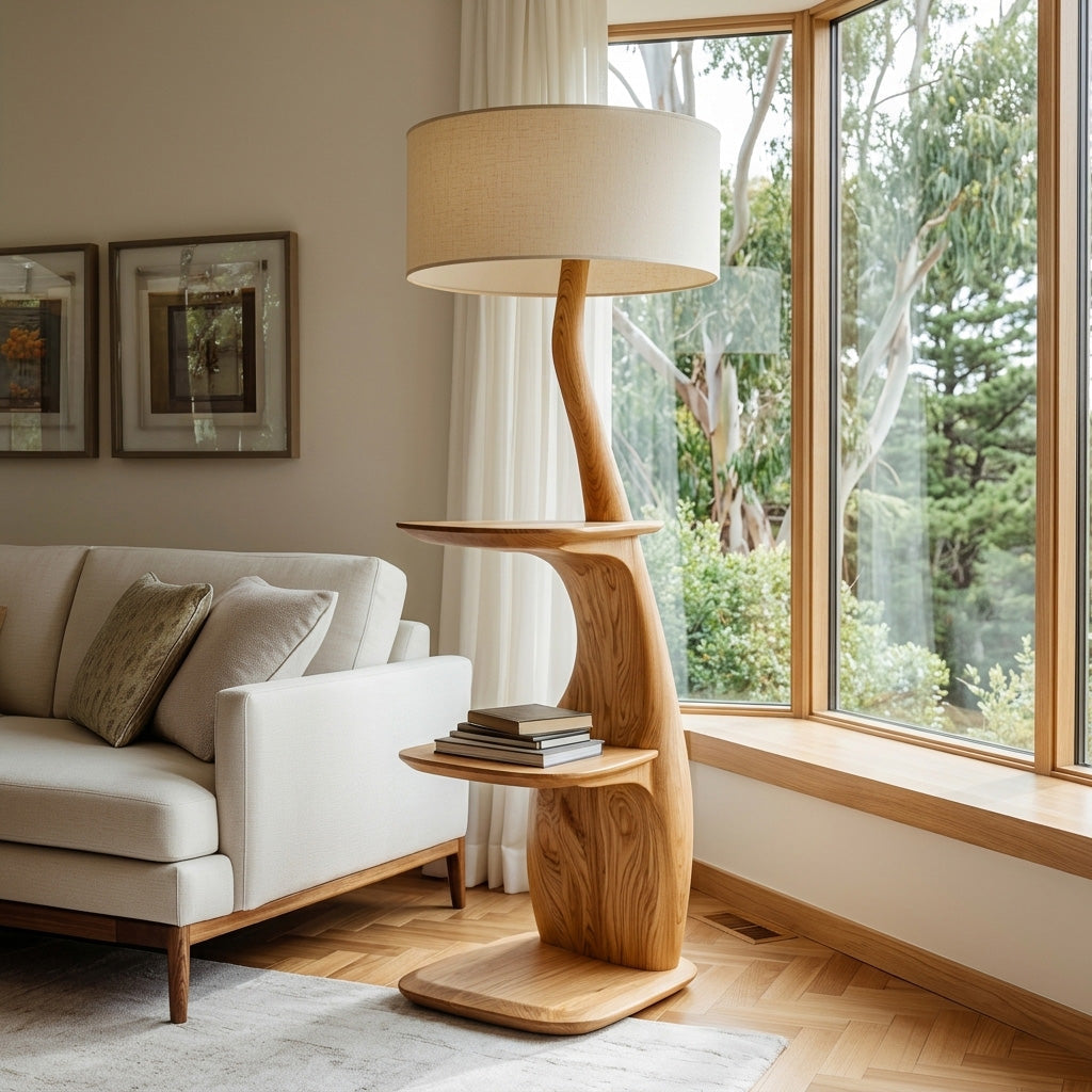 Modern Natural Wood Floor Lamp With Shelves For Living Room