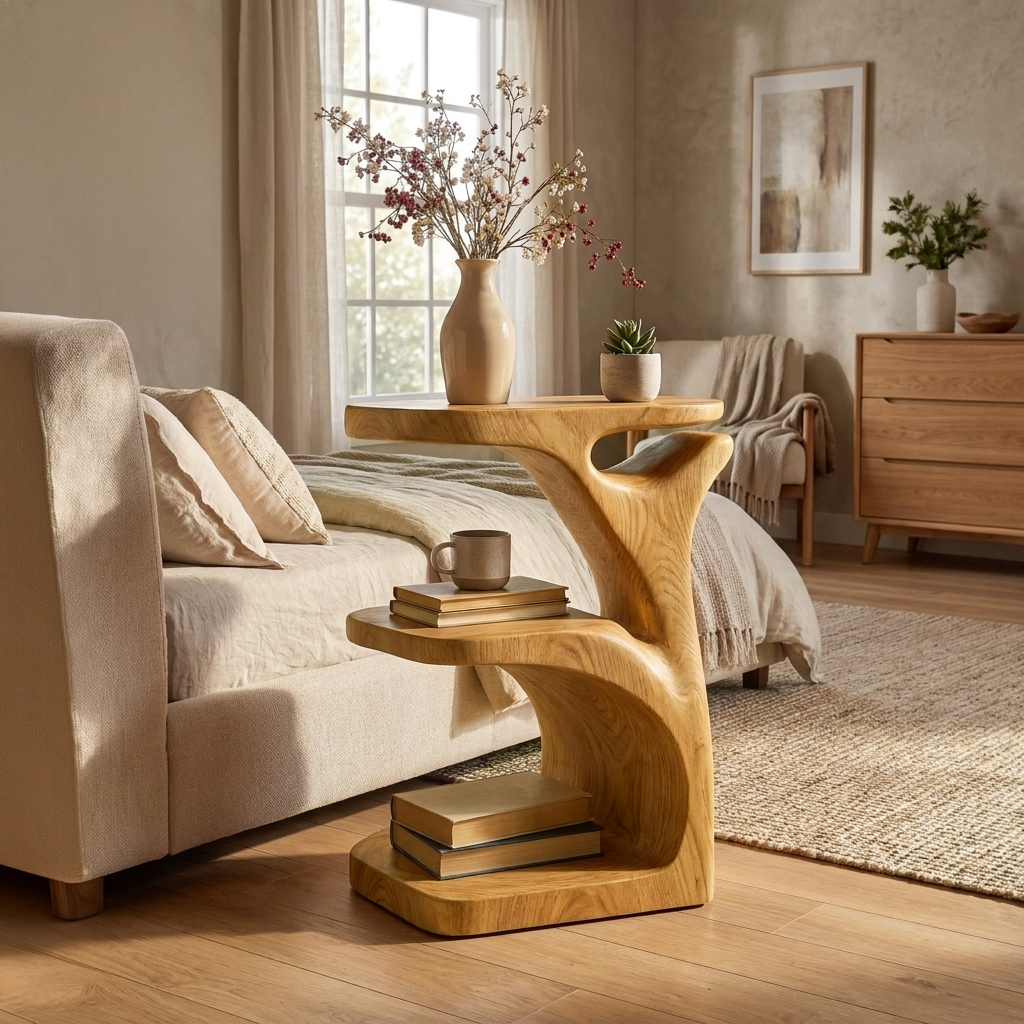 Modern Wooden Nightstand With Open Shelf For Bedroom