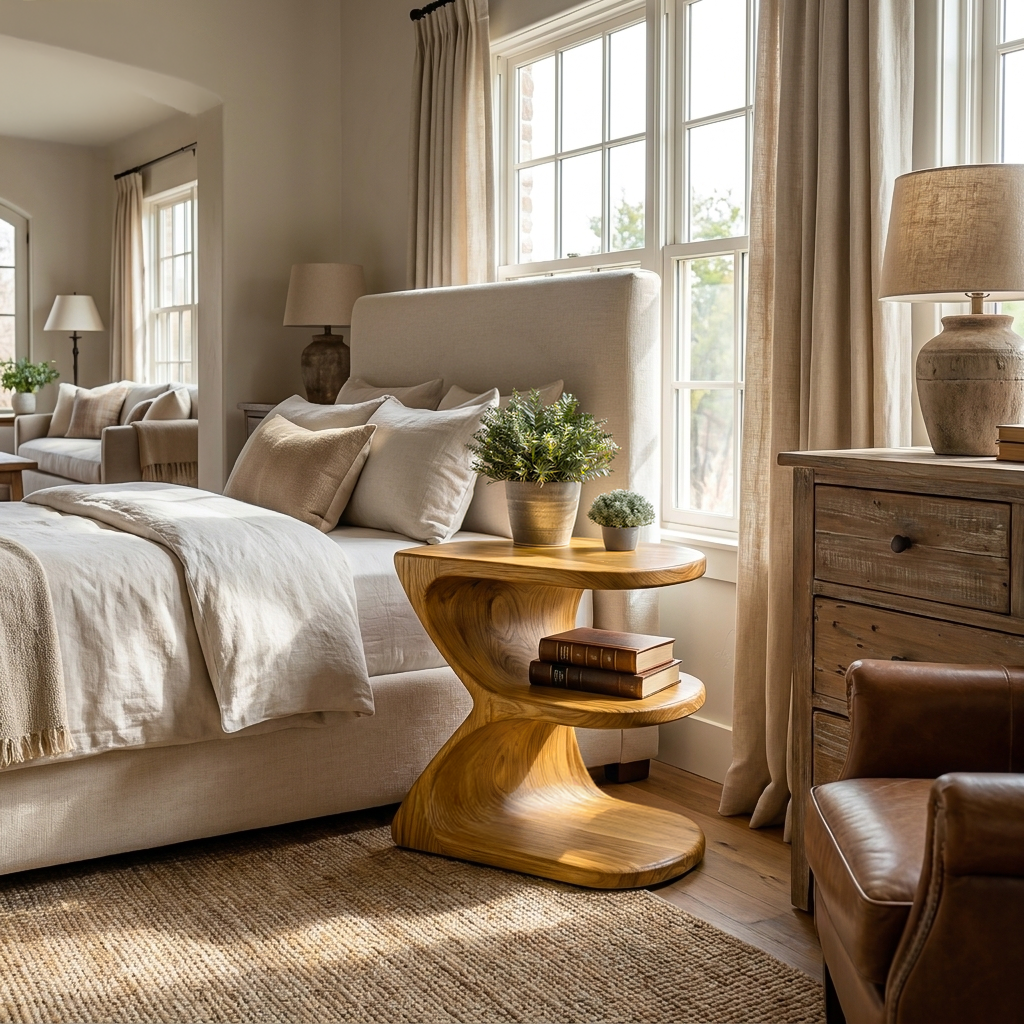 Modern Natural Wood Nightstand With E Shape For Bedroom