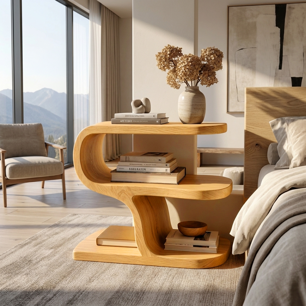 Wooden Nightstand With Sculptural Tier For Cozy Bedroom